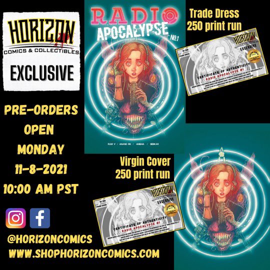 Our 1st post since we took over horizon comics and it couldn’t be at a happier time. Our 1st store exclusive for the awesome #radioapocalypse by <a href="/therightram/">Ram V</a> <a href="/an_anandrk/">Anand Radhakrishnan</a> and <a href="/thevaultcomics/">Vault Comics</a> cover art by <a href="/b2rian/">b2rian LS</a>  out on 11-17-21. pre order it at shophorizoncomics.com on 11-8-21!