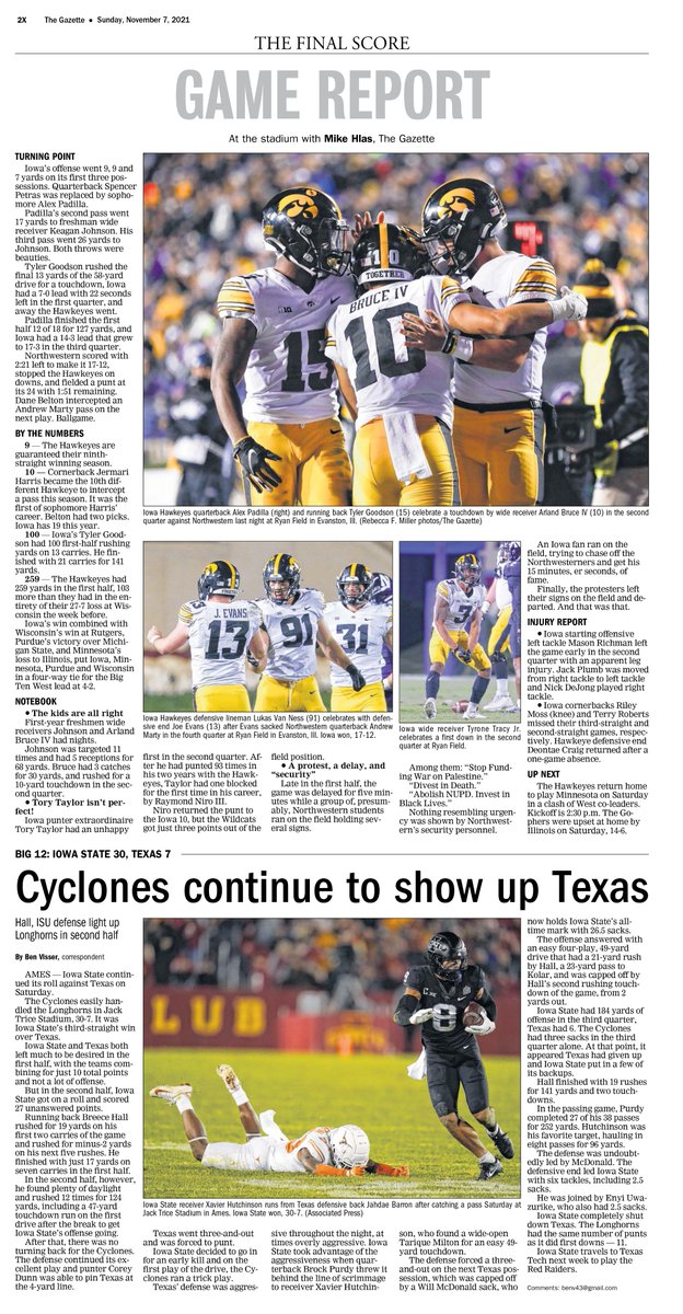 Hawkeyes back on track!
Cyclones beat Longhorns ... again!
<a href="/CRGazetteSports/">The Gazette Sports</a> has you covered in the Green Gazette on Sunday.
Go to thegazette.com and click “Digital Edition” at the top of the homepage.