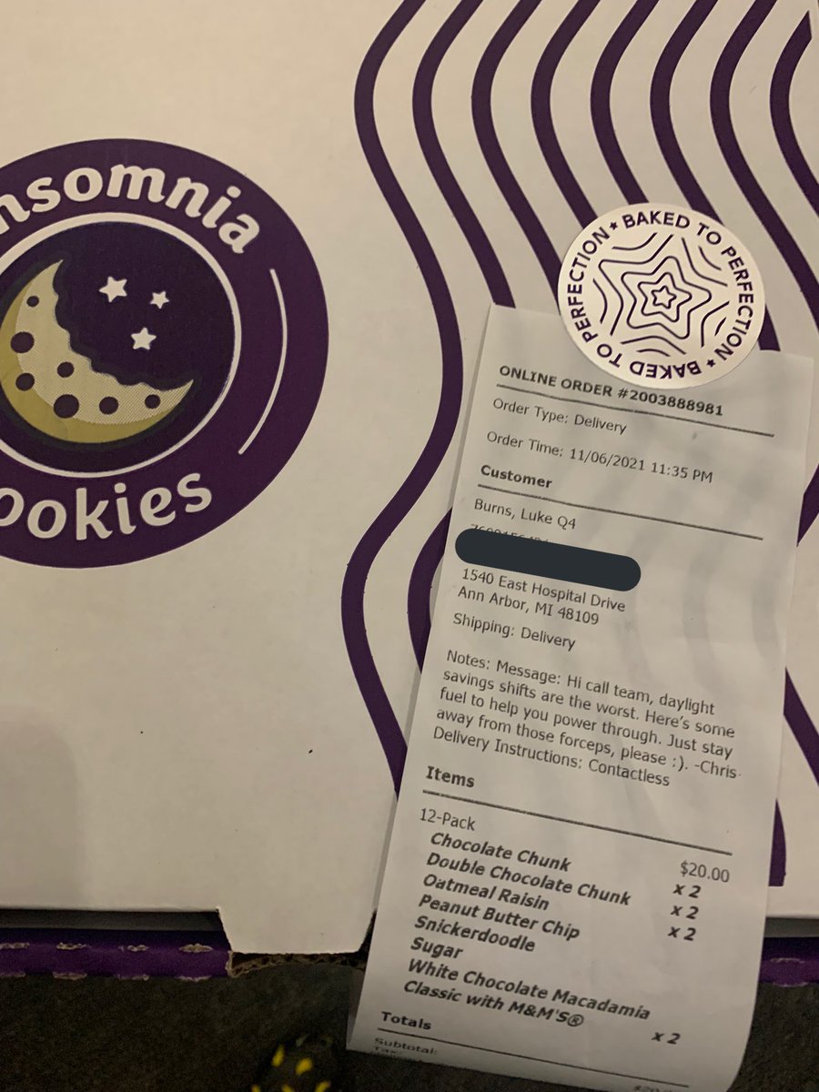 Shoutout to <a href="/ChrisHongMD/">Christopher Hong, MD</a> for sneakily ordering <a href="/insomniacookies/">insomnia cookies</a> to Labor &amp; Delivery, in exchange for ensuring excellent perineal support from the OB team