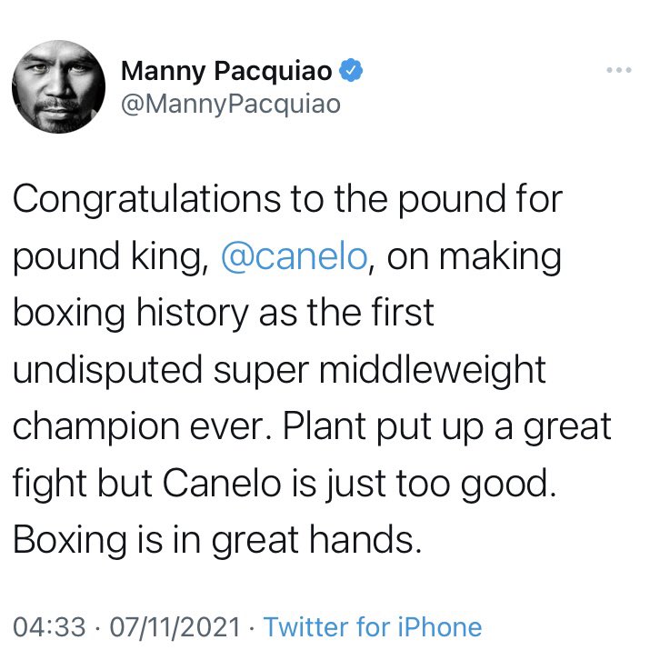 ringmagazine's tweet photo. Manny Pacquiao reacts to Canelo Alvarez knocking out Caleb Plant… https://t.co/38vLBXzvPY