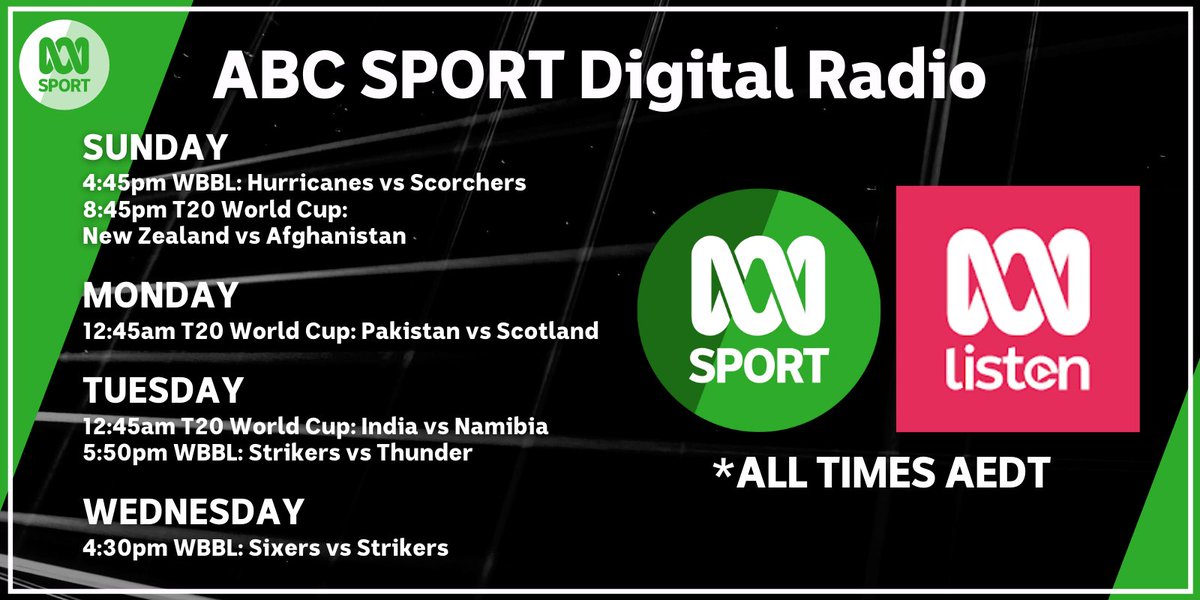 abcsport's tweet photo. 🏆🏏 A whole stack of @T20WorldCup and @WBBL matches still ahead on @abcsport this week! 📻️
📱 Listen to it all live and free on ABC SPORT Digital Radio and the WBBL button via the ABC Listen app! 👇
https://t.co/llHuAvtVSy #T20WorldCup #WBLL #WBBL07 https://t.co/1mcvrbDNPb