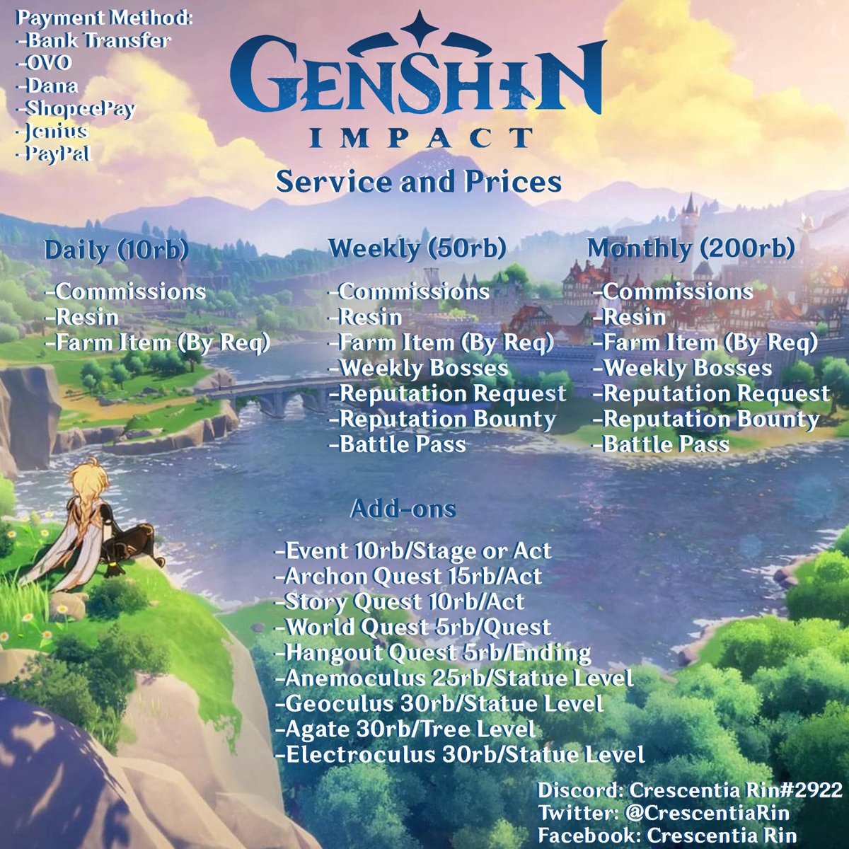 CrescentiaRin's tweet photo. Hai haii~ slot joki Genshin udah ada lagi nih! Yuk yang tertarik bisa langsung DM yaa~ https://t.co/BNU0oWGIeJ