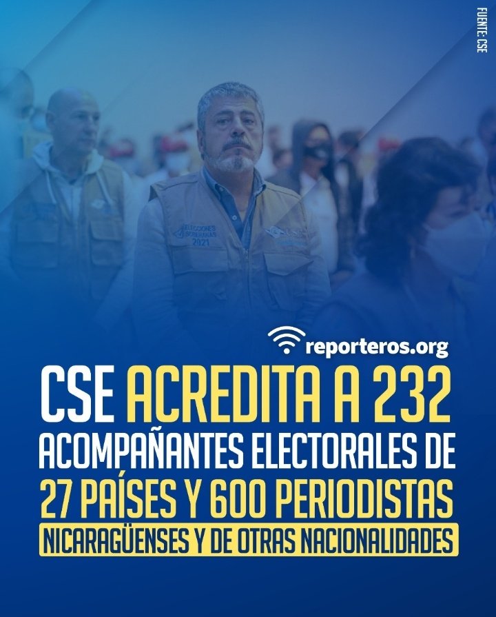 #CSE | Acredita a 232 acompañantes electorales de 27 países y 600 periodistas nicaragüenses y de otras nacionalidades.
#ProsperandoConElPueblo
#EleccionesSoberanas2021 
#TodosJuntosVamosAdelante 
#TodosLosTriunfosSonDelPueblo #TrabajoPazProsperidad
#UnidosEnVictorias