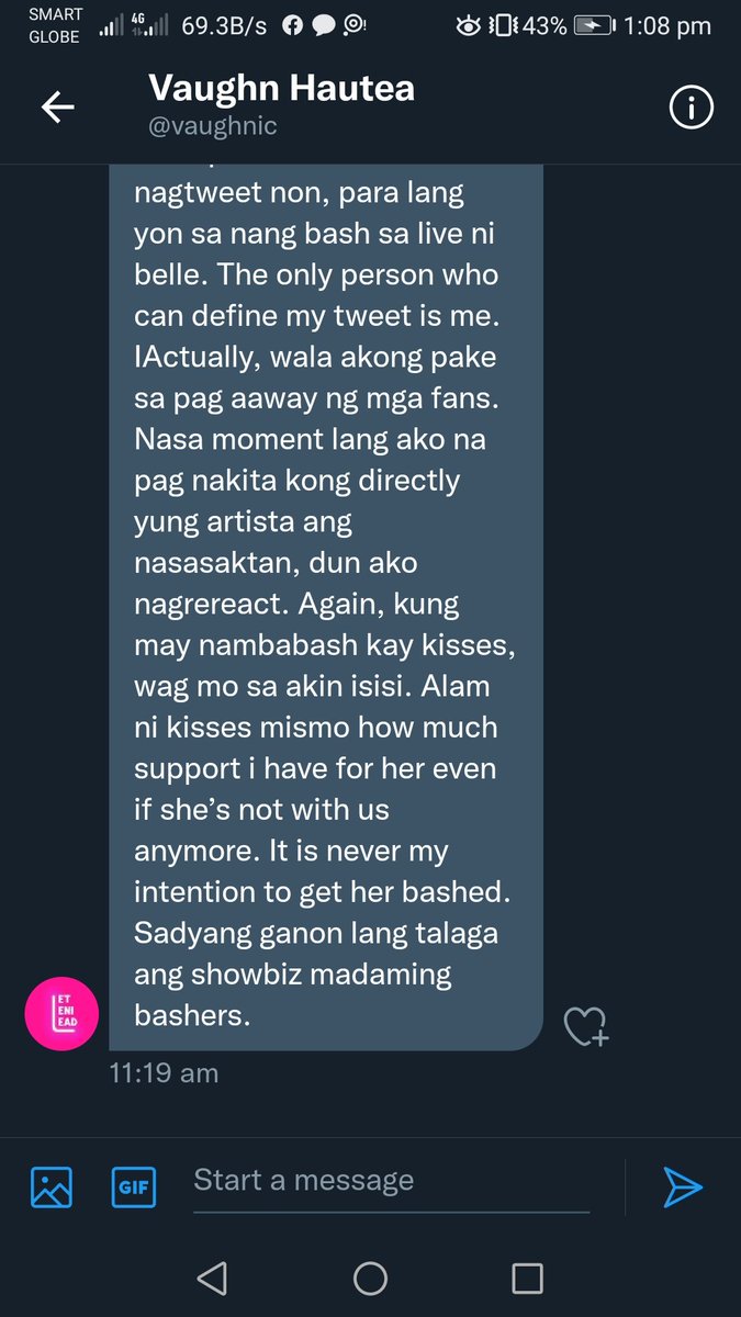 labuylaboy's tweet photo. Sensya @vaughnic may nag dm sakin.Sagutin ko lang kasi parang salunggat sa sinasabi mo pagdating kay kisses dito yung ginagawa mo sa pagtatanggol kay belle.Pag kisses, "ganun tlaga ang showbiz may bashers" pero pag kay belle pumuntak ka na agad kahit na DB naman pala yung nambash https://t.co/nTLUAIsIMp
