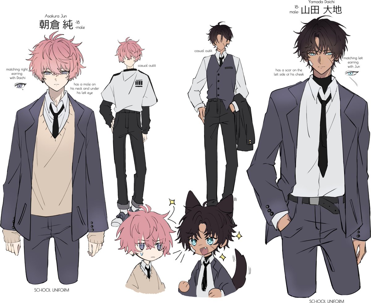 multiple boys necktie dark-skinned male black necktie 2boys pink hair male focus  illustration images