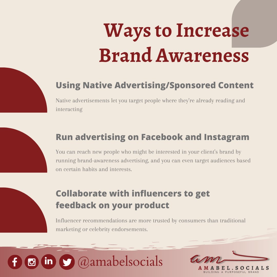amabelsocials's tweet photo. 💪💓There are many ways to create brand awareness, but some of these ways are: 
👉  Using Native Advertising/Sponsored Content 
👉 Run advertising on Facebook and Instagram 
👉 Collaborate with influencers to get feedback on your product https://t.co/iAU3XtUVdw