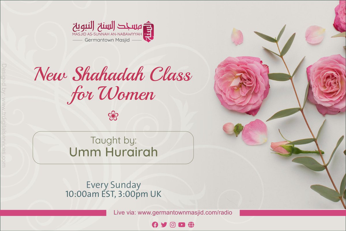 GtownMasjid's tweet photo. 📋 Classes for New Muslims/Beginners 
(Bothers &amp; Sisters)
⏰10 am

📚The Three Fundamental Principles*
⏰12:15pm EST, 5:15pm UK
🎙Shaykh Hamzah Abdur Razaq 

📚The Disease and the Cure*
⏰ 5:30pm EST, 10:30pm UK
🎙Shaykh Hassan Somali

📡*  https://t.co/AAfysdJKNc https://t.co/8EmtuXtEEk