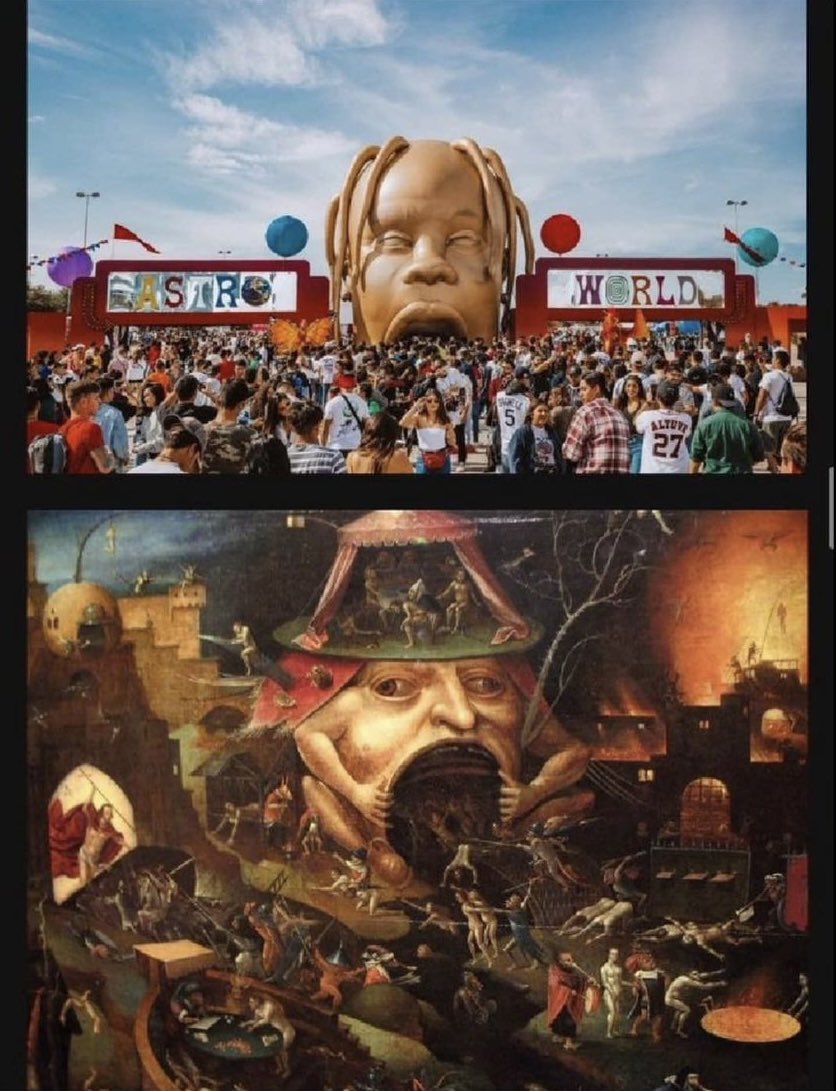 eshonburgundy's tweet photo. The pic on the bottom is entitled “harrowing of hell” the pic above it is the recent festival where the attendees said it was like hell and 8 ppl died...read Isaiah 5:14 &amp; 1Timothy 4:1 https://t.co/5KZO0ibQfV