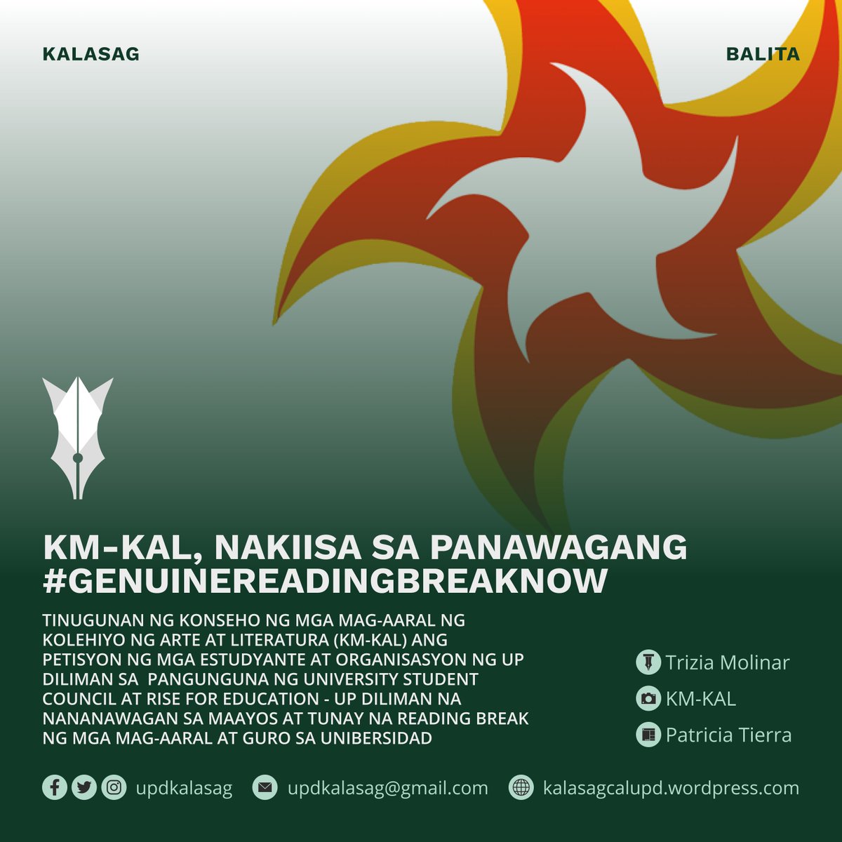 updkalasag's tweet photo. Sa isang apela na inilabas ng KM-KAL, itinampok ang panawagan ng mga estudyante ng kolehiyo na alisin ang mga kagyat na deadline pagkatapos ng reading break.
Basahin: https://t.co/eqVmDFcwTZ
#GenuineReadingBreakNow
#NoStudentLeftBehind https://t.co/Da4pfBM43t