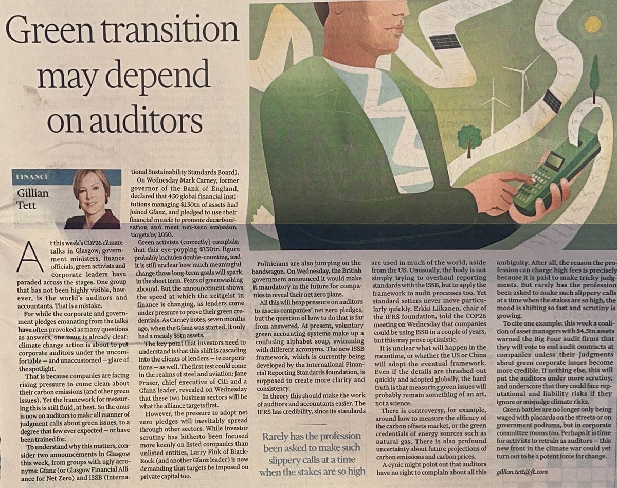jameswoudhuysen's tweet photo. "The onus is now on #AUDITORS to make all manner of judgement calls about green issues".
That's right, Ms Tett! #PwC, #KPMG, #Delotte, #EY, #GrantThornton - none of them EVER fined or in court - should now decide our future more than ever. @RedActuary #NetZero #NewClassWar https://t.co/vPO6ebGLC2