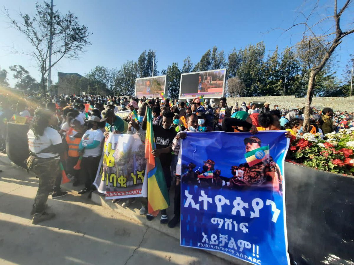 We 100M+ Ethiopians elected our gov’t, stand in unison and say no to dictations & dictators. We have the right to develop and live in peace. Surrender to equality, justice & freedom. #HandsoffEthiopia. Millions demonstrating at Meskel SQ & other cities. #EthiopiaPrevails
