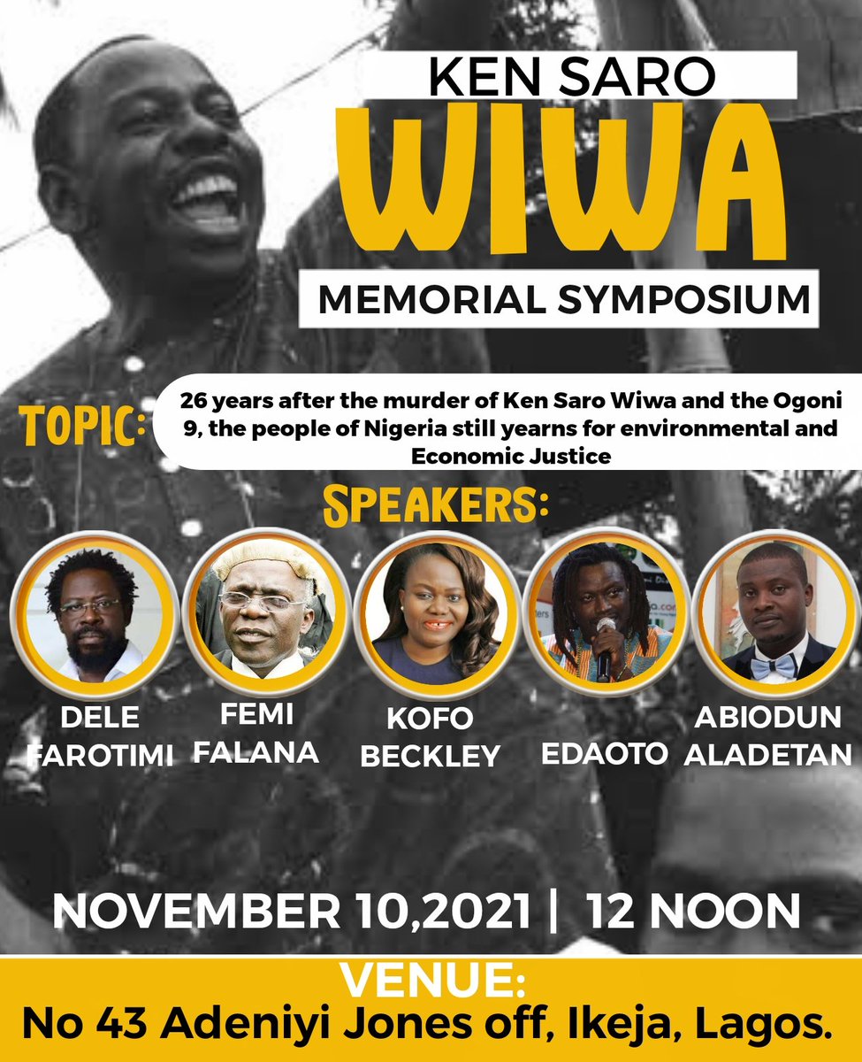 tellatemitayo's tweet image. RT @TIBmovement: KEN SARO WIWA MEMORIAL SYMPOSIUM: 

Date: Wed 10th Nov, 2021. 

Time: 12 Noon. 

We must not allow them (VIP) twist history. 

Let's make it a date!