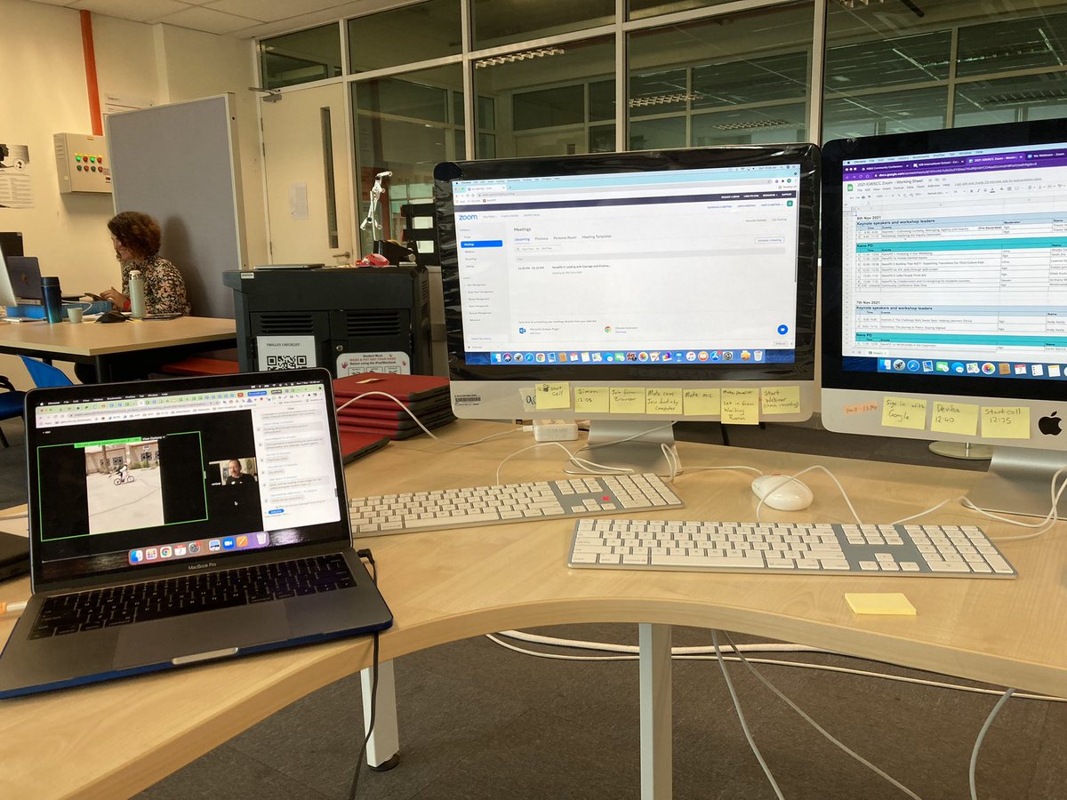 harves4556's tweet image. Behind the Scenes: The engine room for IGBIS Community Conference #igbiscc. More screens and coordination than a NASA launch 🚀. Note the sticky notes to remind me of the nuances of, and how to host a Zoom webinar. #AlwaysSomethingToLearn #igbis @chojnacka_aga