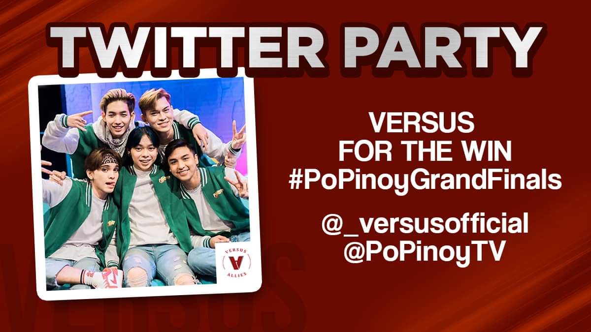 It's game time 🔥 

Suportahan ang @_versusofficial sa grand finals ng <a href="/PoPinoyTV/">PoPinoy</a> by joining on Twitter Party tonight (6PM)

<a href="/KheeneSalas_/">Kheene Salas</a> <a href="/itsgabrielluis/">Gabriel Luis Pascual</a> 
@KEN_SUBARASHII @_gozojosh 
<a href="/joerell_sanjuan/">Joerell</a> @Kheenesters <a href="/_JoshGOfficial/">Ver5us Josh G's Official</a> <a href="/JoekersOfficial/">VER5US JOEKERS OFFICIAL</a> @Versus_KenDEREs @versusGabAngels