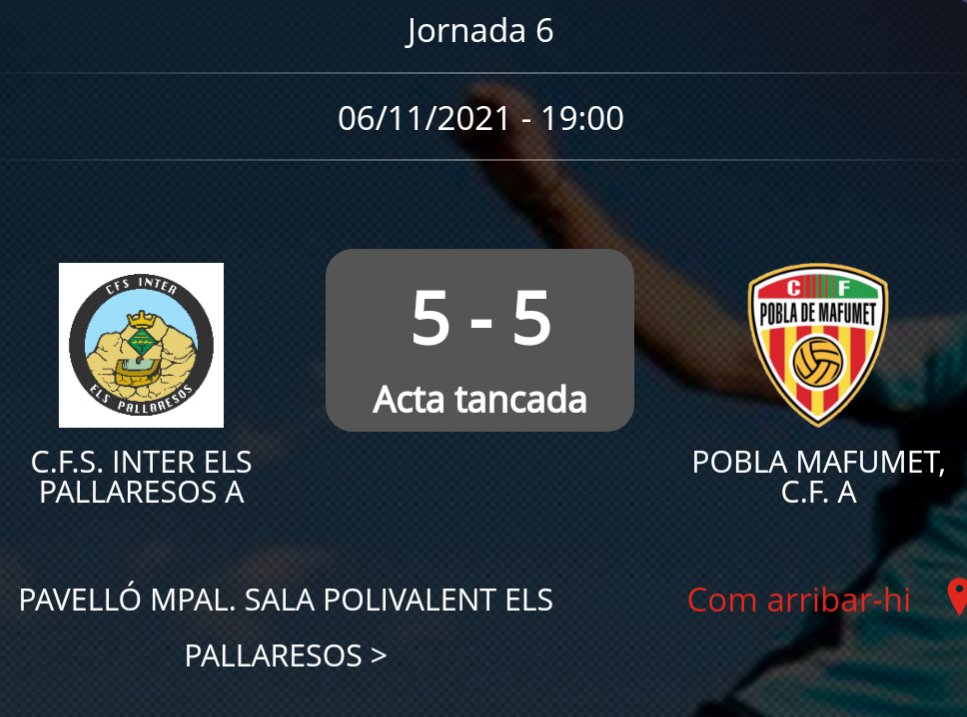 InterPallaresos's tweet photo. 📟| MARCADOR (final)

@InterPallaresos 5️⃣-5️⃣ @CFPoblaMafumet 

⚽ #Page 9' (1-1) ⚽ @MarcondesChris 17' (2-2) ⚽ #Page 24' (3-3) ⚽ #Sergi 33' (4-5) ⚽ @CramNomar 37' (5-5)

🏷️ #EsportiuPobla 

#esportiulive #ThisIsLaSala https://t.co/bsBFgDDpOC