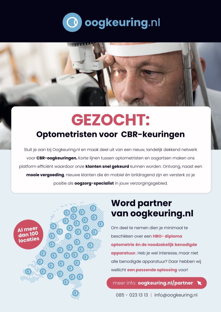oogkeuring's tweet photo. Sluit je aan bij https://t.co/1sw9diQUK4 en maak deel uit van een landelijk dekkend netwerk voor CBR-oogkeuringen. Ontvang, naast een mooie vergoeding, nieuwe klanten en versterk je positie als dé oogzorg-specialist in jouw verzorgingsgebied. #ovn #nuvo #optometrie https://t.co/XRn9j2dLp6