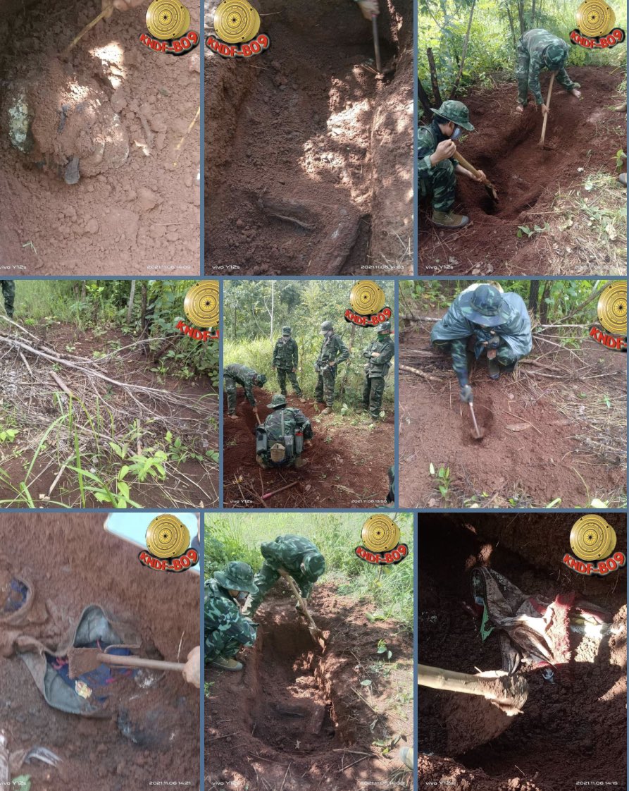 khant_thuu's tweet photo. @BurmaSpring21 @KAPTAP7123480 KNDF B-09 stated that they found 2 dead bodies which had been buried near a SAC troops camp and assumed to be tortured by the terrorists The corpses were being hung a rope near their throats and bent the knees @UNGeneva
#Nov7Coup   #WhatsHappeningInMyanmar https://t.co/YJlJVeG017