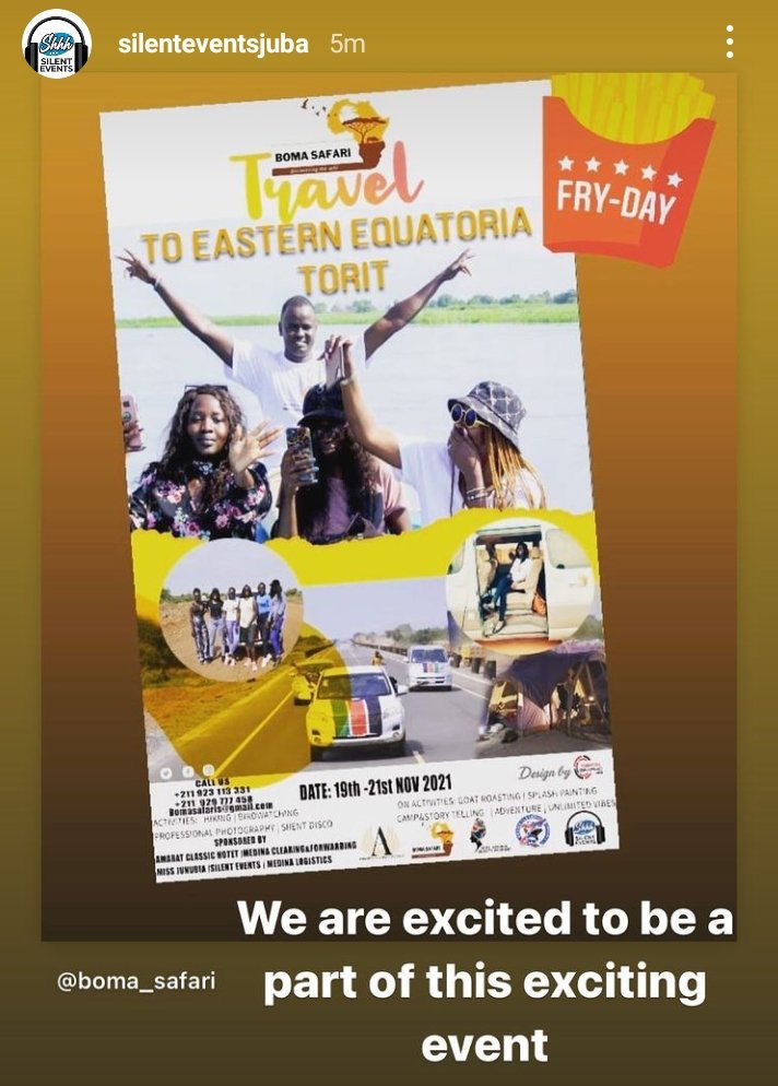 BomaSafaris's tweet photo. We are excited to have on board #SilentEventsJuba #MissJunubiaBeautyPeagant #AmaraClassicHotel #MedinaClearing #BC.INC
to our #TORITSAFARIDRIVE
19-21 Nov 2021
@eventsssdp @AchollyArow #SSOT https://t.co/SRuktsPNNE
