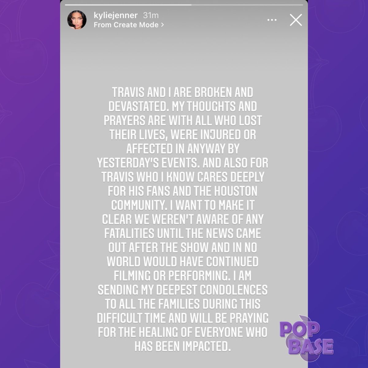 PopBase's tweet photo. Kylie Jenner releases statement regarding the tragedy at Astroworld Festival. https://t.co/O17koIVC7V