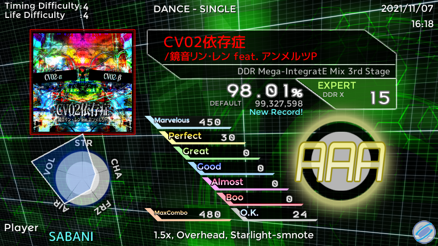 Shionome_Sabani's tweet photo. StepManiaで「CV02依存症」をプレイしました！ スコア：98.01% #SMResult https://t.co/YPki5IliJw