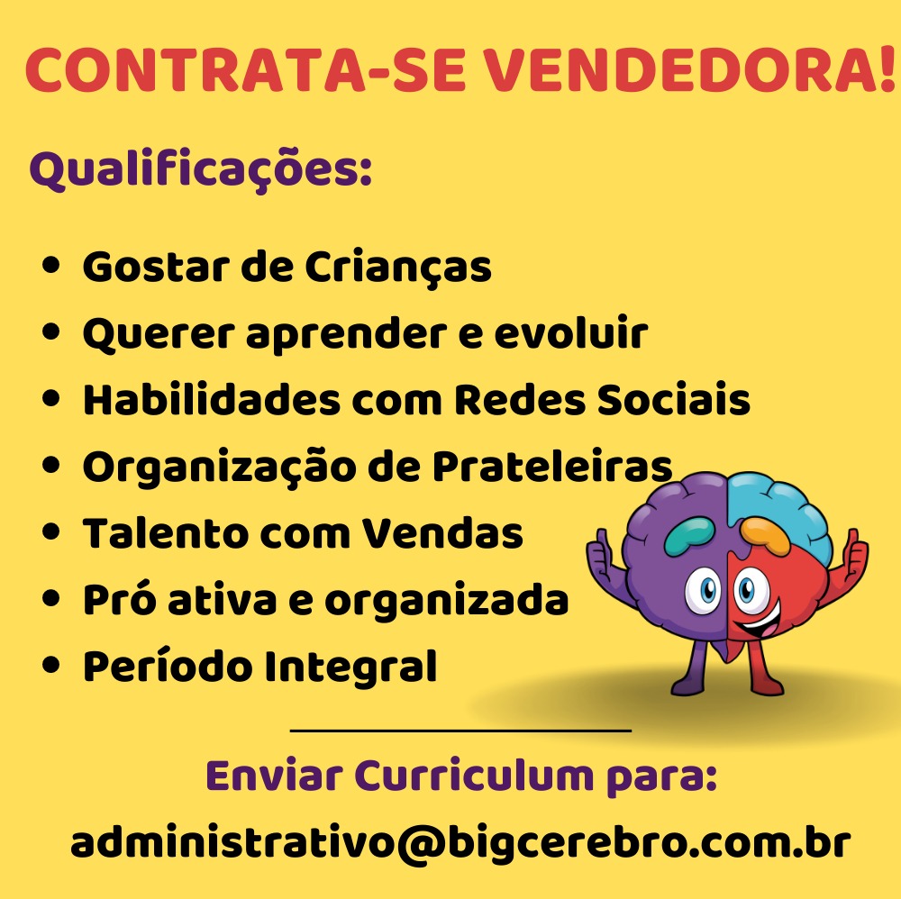 cerebro_big's tweet photo. Procuramos comprometimento e disposição para aprender. Trabalho em vendas tanto em loja física quanto on-line. 🤩
Marque quem você indicaria! 

#lojadebrinquedos #brinquedoseducativos #emprego #passos #brinquedosinteligentes #livrosinfantis #bigcerebro https://t.co/GtJpfbnfjC
