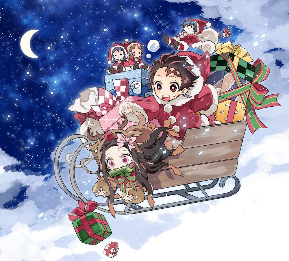 kamado nezuko ,kamado tanjirou bit gag multiple boys moon box christmas hat gag  illustration images