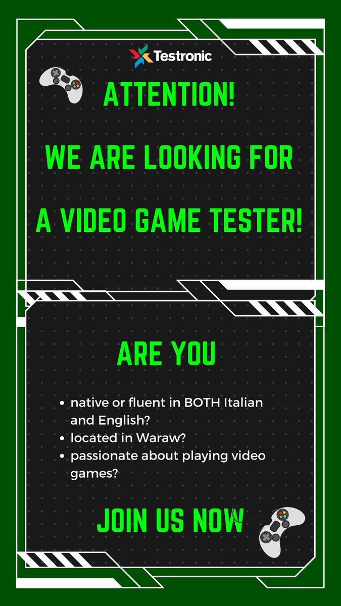 Do you feel it’s time to level up your career? There's no need to wait till Monday, you can do it TODAY!😃 
If you have had experience in translation, fluent in Italian, this role is exactly for you!
bit.ly/2YccGfk
#wehire #gametester #warsawjobs #lqa #hiringnow #italian