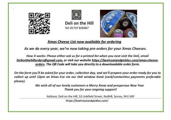 We’re now taking pre-orders for Xmas Cheese at Deli on the Hill!.Please ask us for a printed list when you next visit, email Delionthehillorders@gmail.com, or visit beetrootandpickles.com/xmas-cheese-or…. Thank you for your ongoing support! #cheese #redhill #reigate #shoplocal #supportlocal