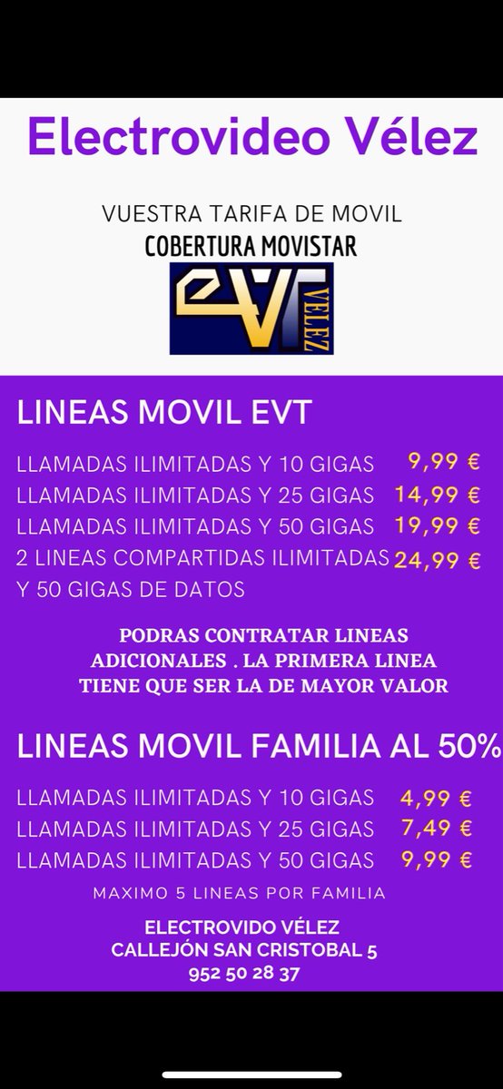 pasionevtv's tweet photo. Contrata una nueva línea de móvil con Electrovideo Vélez y la segunda te saldrá al 50 por ciento, ahora con cobertura Movistar. https://t.co/gcudETuDju