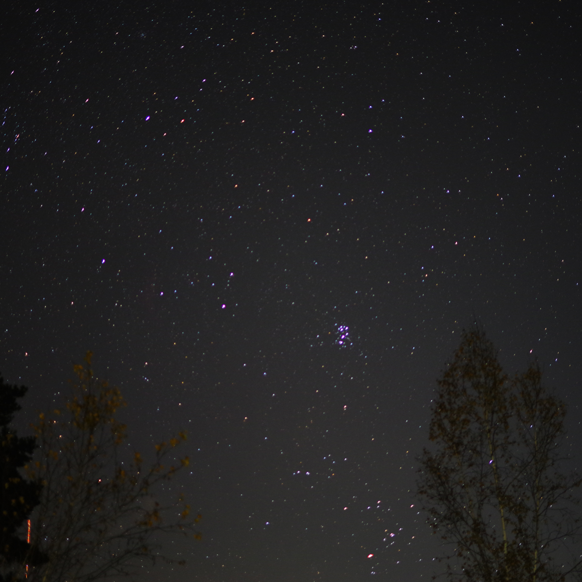 tonballon's tweet photo. 先日、キャンプに行って星空の写真を撮ってました。真ん中あたりに星が固まってるのがプレアデス星団（昴）です。調べてたらこの中の星の1つがプレイオネという名前だということを知りました。プレイオネ、星の名前だったんですね～ https://t.co/LV3tMoGYRv