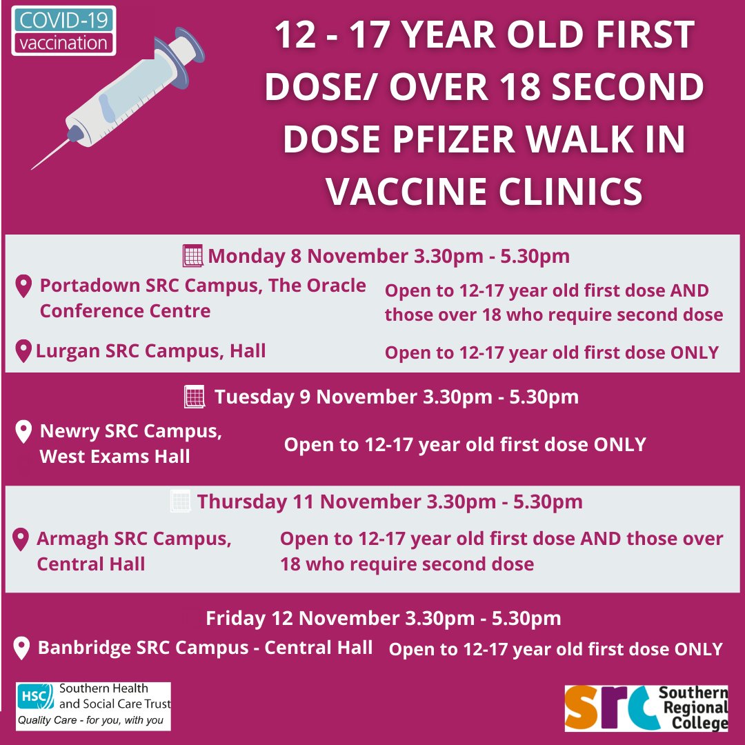 We have a number of walk-in clinics for 12-17 year olds to receive their Pfizer vaccine and for those over 18 to receive their second dose Pfizer vaccine this week across the Trust area.
More info on the 12-15 year old vaccine programme:
publichealth.hscni.net/covid-19-coron…
#teamSHSCT