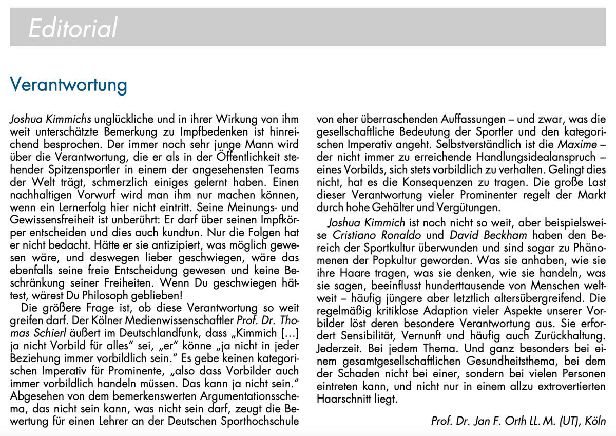 jan_f_orth's tweet photo. Sneak Preview aus der Produktion des aktuellen Hefts 6 der @SpuRt_Beck (erscheint am kommenden Wochenende): Mein Editorial zu der unglücklichen Äußerungen zum Impfen von @JoshuaKimmich und der #Verantwortung der sehr prominenten Sportler. #Impfen #Covid19 #Sportrecht #Fußball https://t.co/yyJ9CG4qS9