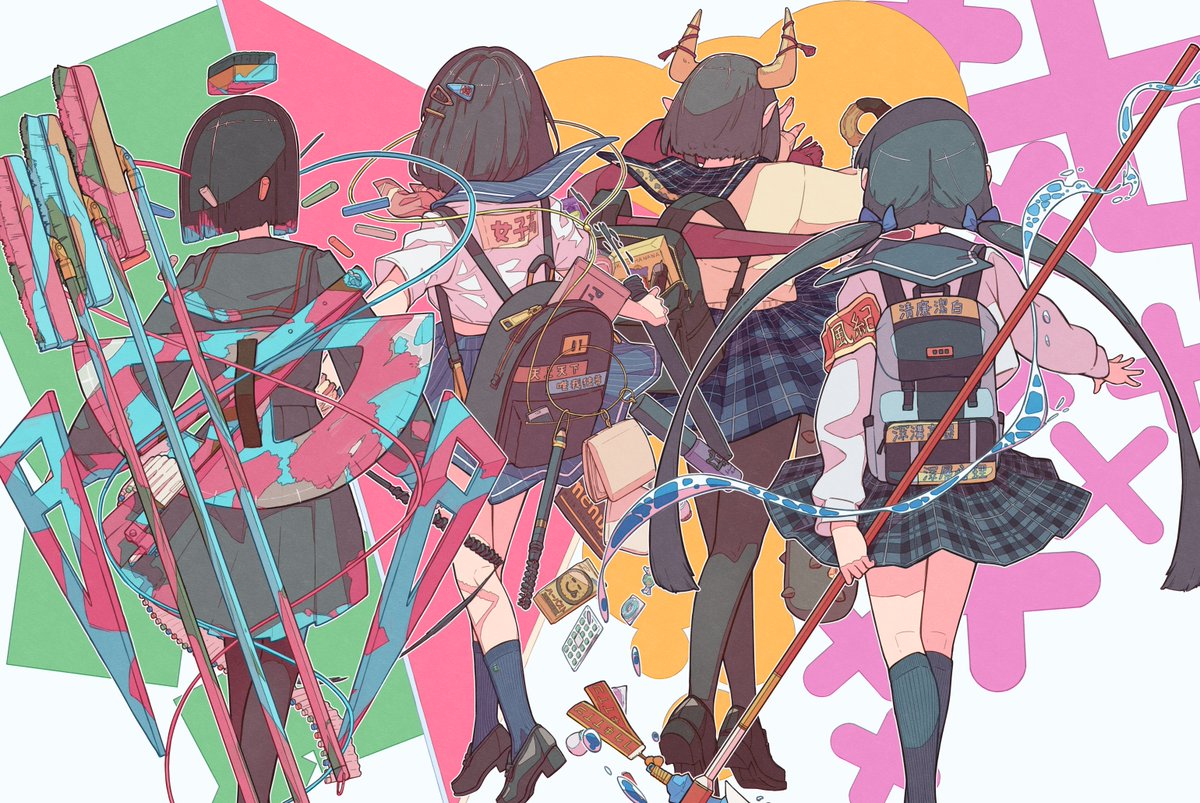 skirt multiple girls facing away floating object shoes backpack long hair  illustration images