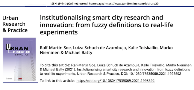 jmichaelbatty's tweet photo. Read our new paper: Open Access :Urban Research &amp; Practice: Institutionalising smart city research &amp; innovation
Ralf-Martin Soe, Luiza Schuch de Azambuja, Kalle Toiskallio, Marko Nieminen &amp; Michael Batty
https://t.co/daH4fLnE95 https://t.co/GHNfpcCPOS