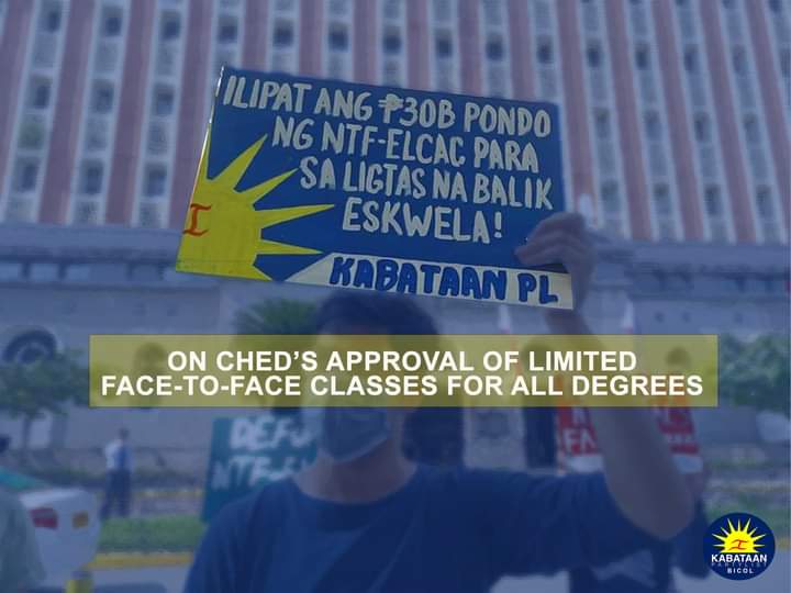 NUSPBicol's tweet photo. PAHAYAG NG KABATAAN PARTYLIST BICOL UKOL SA DESISYON NG CHED SA PAG-AAPRUBA NG LIMITED FACE TO FACE CLASSES SA LAHAT NG KURSO 

#SafeSchoolsReopeningBillNow
#LigtasNaBalikEswela
#10KStudentAidNow

READ: https://t.co/78pAmD1ApB https://t.co/mDH2MOazTY