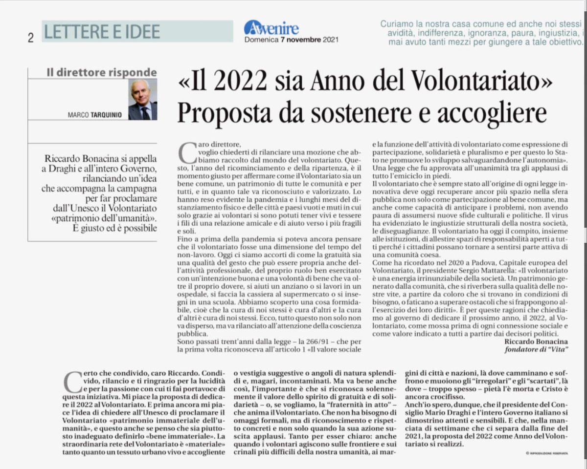 GPGualaccini's tweet photo. @rbonacina Ringrazio @Avvenire_Nei e il suo direttore #MarcoTarquinio per aver rilanciato la richiesta a @Palazzo_Chigi #Draghi: "IL 2022 SIA ANNO DEL #VOLONTARIATO!"

@VITAnonprofit @Felisia_Farnese @MaurizioMa @1970Germano @EnsOnlus

https://t.co/X6pBX5YslC 

DA  DIFFONDERE! https://t.co/gDsoGOZOMJ