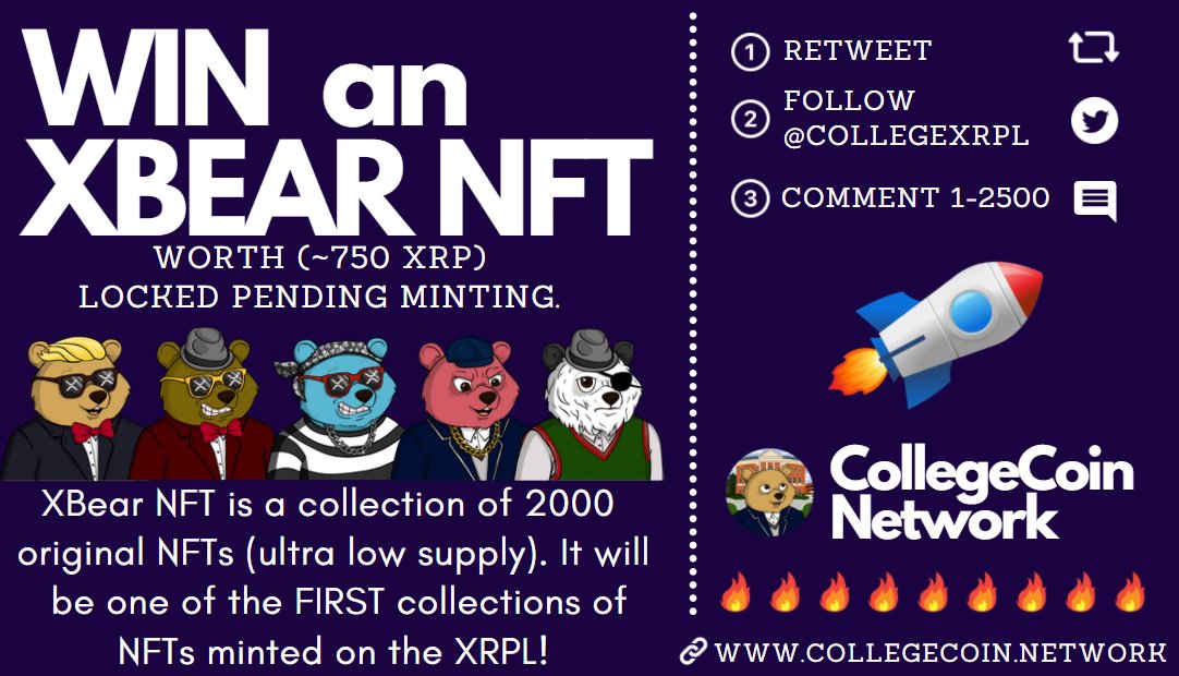 WIN an XBEAR NFT (~750XRP)!

To enter:
🔄RETWEET
✅FOLLOW @CollegeXRPL
🐻COMMENT 1-2500
🕗48 HRs

NFT TL / Discord / Website:
linktr.ee/CollegeCoinNet…

XBear NFT is a collection of 2000 original NFTs (low 
supply!) It will be one of the first #NFT collections minted on the #XRPL.