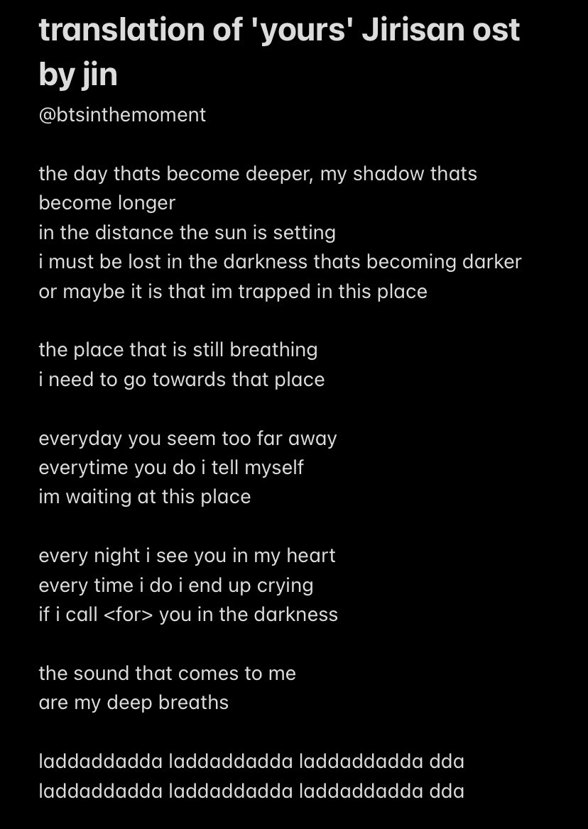 btsinthemoment's tweet photo. translation of 'yours' Jirisan ost by jin https://t.co/60gZAXDrnQ