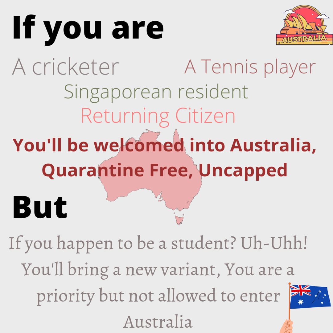 Why students are so discriminated against? National plan, at 80% said Higher caps for Int'l students. Guess what? 0 till now. At least stick to your own 'great' plan. 

<a href="/Dom_Perrottet/">Dominic Perrottet</a> <a href="/ScottMorrisonMP/">Not ScoMo</a> <a href="/SkyNewsAust/">Sky News Australia</a> <a href="/9NewsAUS/">9News Australia</a> <a href="/7NewsAustralia/">7NEWS Australia</a> <a href="/australian/">The Australian</a> <a href="/Macquarie_Uni/">Macquarie University</a>