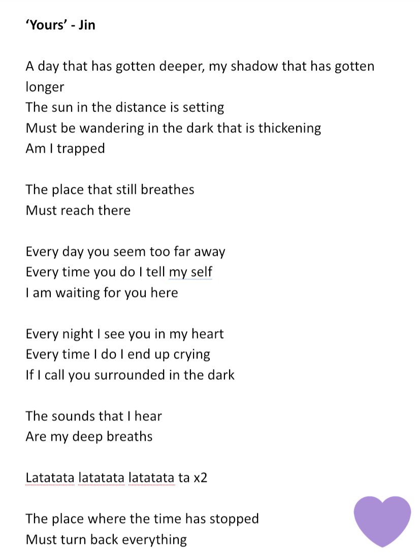 haruharu_w_bts's tweet photo. English translation of ‘Yours’ by Jin https://t.co/ovRR7pWFTb
