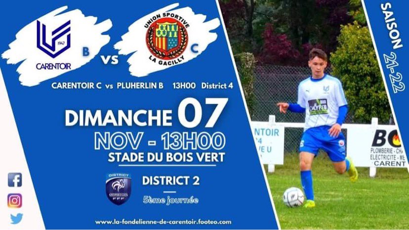 𝘑𝘰𝘶𝘳 𝘥𝘦 𝙈𝘼𝙏𝘾𝙃𝙎 ⚽️

🏆 𝙲𝚑𝚊𝚖𝚙𝚒𝚘𝚗𝚗𝚊𝚝 𝙳𝟷
🆚 La Gacilly B
🏟 Stade du Bois Vert
🕒 15h00

🏆 𝙲𝚑𝚊𝚖𝚙𝚒𝚘𝚗𝚗𝚊𝚝 𝙳𝟸
🆚 La Gacilly C
🏟 Stade du Bois Vert 
🕒 13h00

🏆 𝙲𝚑𝚊𝚖𝚙𝚒𝚘𝚗𝚗𝚊𝚝 𝙳𝟹
🆚 Pluherlin B 
🏟 Stade du Bois Vert 
🕒 13h00