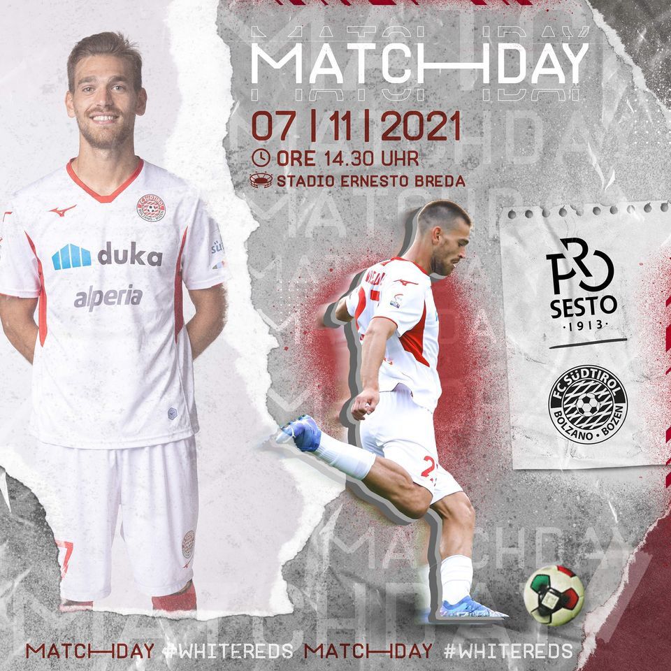 fclubsuedtirol's tweet photo. ⚪MATCHDAY🔴
🆚 @ProSesto
🏆 Serie C - @LegaProOfficial
🗓 Giornata 1️⃣3️⃣ Spieltag
🏟 Stadio 'Ernesto Breda', Sesto San Giovanni
⌚️ Ore 14.30
#FCS #FCSüdtirol #Whitereds #SerieC #passion #PSEFCS #ProSestoFCSüdtirol #PassioneBiancorossa #7novembre https://t.co/EXWFbAUHK7