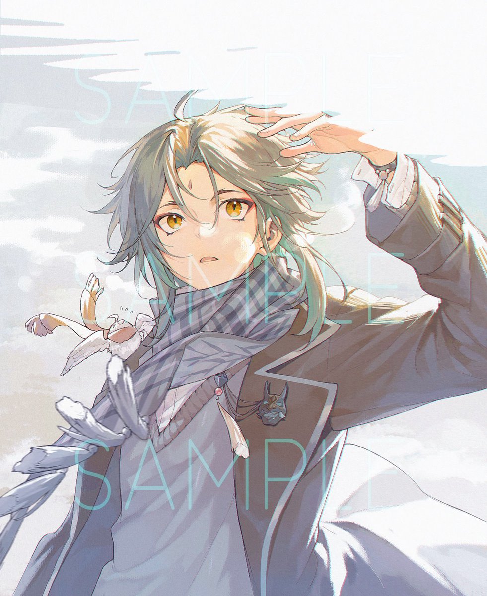 xiao (genshin impact) scarf male focus 1boy yellow eyes green hair alternate costume facial mark  illustration images