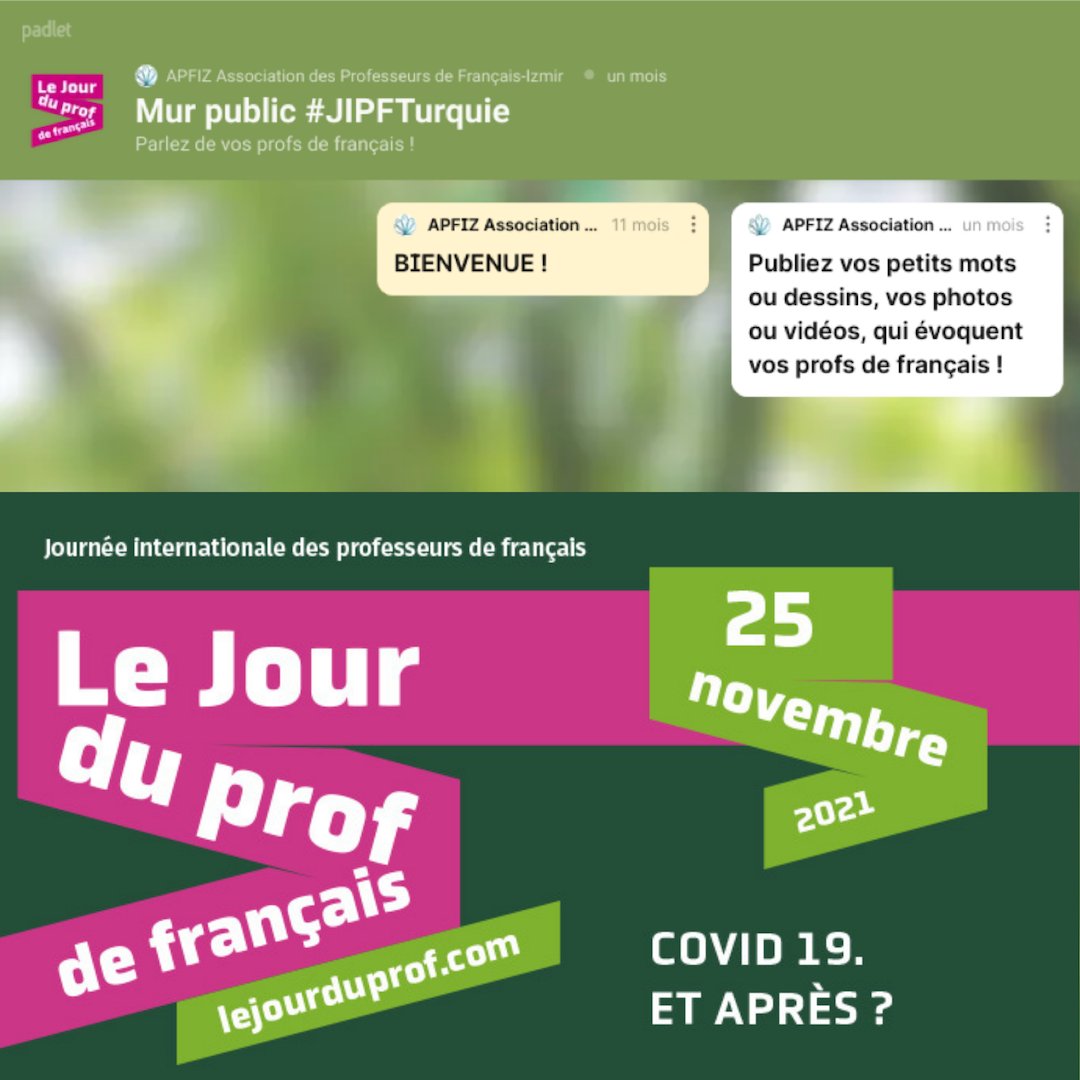 #JIPF2021 #jipfTurquie UN MUR PUBLIC POUR CÉLÉBRER LES PROFS DE FRANÇAIS !! padlet.com/infoapfiz/JIPF…
Infos&amp;contacts: apfiz-tur.fipf.org/actualite/mur-…. Pour les apprenants francophones. Certificats de participation transmis dès le 13.12. <a href="/FipfOrg/">FIPF.org</a>  @VincentBrousse #apfa #apfi <a href="/mvLesvigne/">MarieV Lesvigne</a>