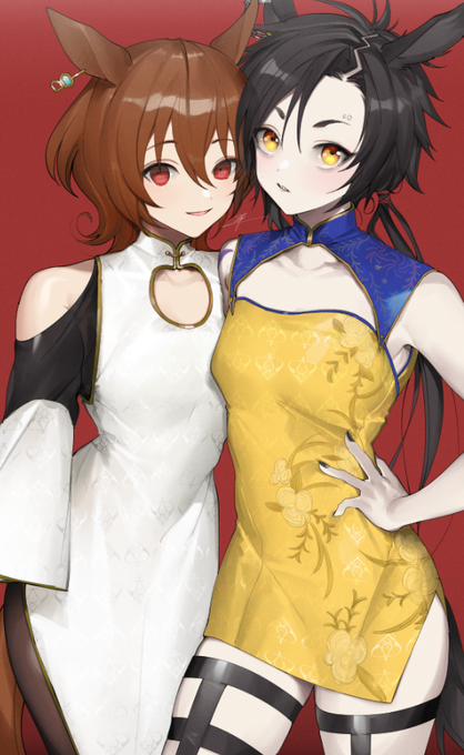 前にも流したことあるんだけど最後の調整にレイヤー作ってオーロラっぽいグラデかけて除算にするやつひと手間かけたみたいに見えるから喜んだ 黒～灰の部分がわかりやすい あとタキオン生足NGかなってタイツ履かせました 