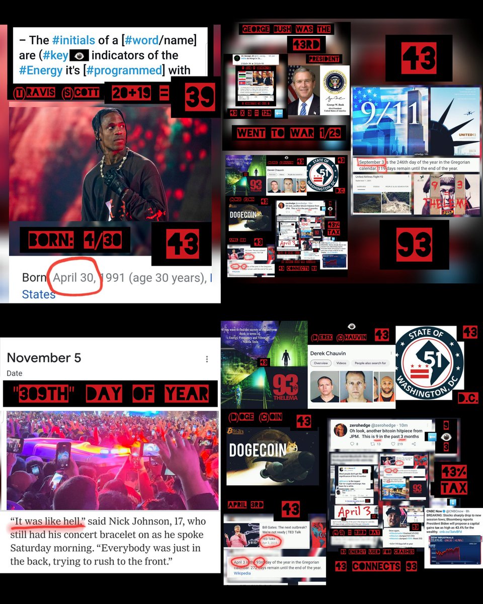 TheMatrixology's tweet photo. - Inside this #Matrix The #Elite use the #43/93 {{#Energy}} Blockchain for #Destruction

- Mass casualties happened @ (#T)ravis (#S)cott's #AstroWorld festival

- #TravisScott is born on 4/30 (#43)

-These People #died on the "#309th"(#93) day of the year..

#43~👁~#93

#Matrix https://t.co/lH03w4tB41
