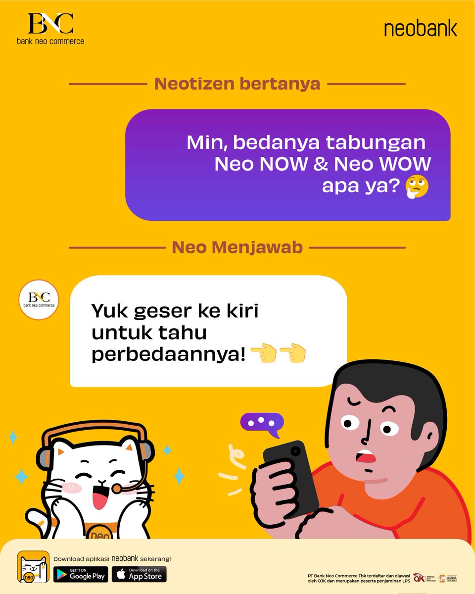 bankneocommerce's tweet photo. Tabungan Neo NOW : tarik simpan kapan aja, bunga 6% per tahun
Deposito Neo WOW : simpan kapan aja, tarik saat tenor jatuh tempo, bunga hingga 8% per tahun, setoran mulai Rp200 ribu
Sama-sama bikin cuan, tentukan pilihanmu sekarang, Neotizen!! ๐ป
#BeraniLebih #NeoNOW #NeoWOW https://t.co/0KDfQcWfMU