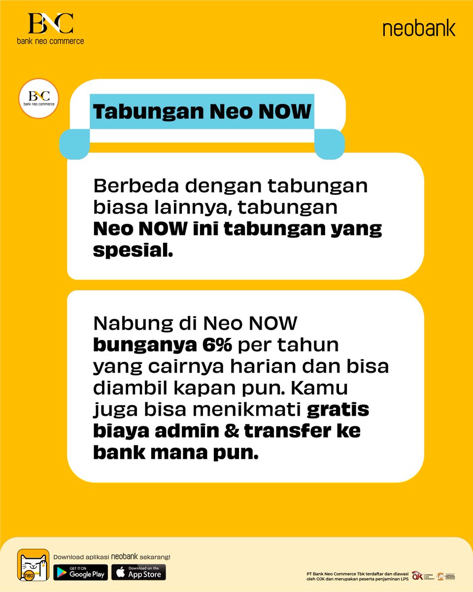 bankneocommerce's tweet photo. Tabungan Neo NOW : tarik simpan kapan aja, bunga 6% per tahun
Deposito Neo WOW : simpan kapan aja, tarik saat tenor jatuh tempo, bunga hingga 8% per tahun, setoran mulai Rp200 ribu
Sama-sama bikin cuan, tentukan pilihanmu sekarang, Neotizen!! ๐ป
#BeraniLebih #NeoNOW #NeoWOW https://t.co/0KDfQcWfMU