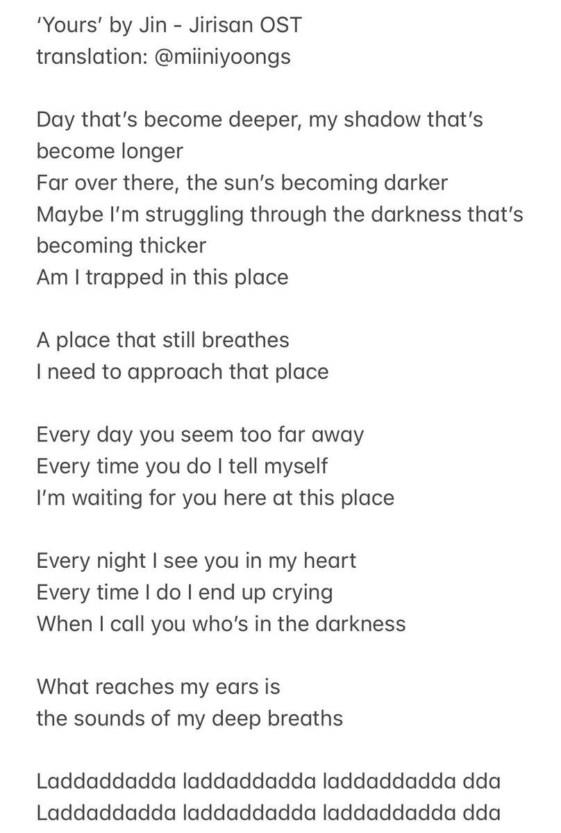 miiniyoongs's tweet photo. [‘Yours’ by Jin - Jirisan OST lyrics translations] https://t.co/8qE6QxzJtM