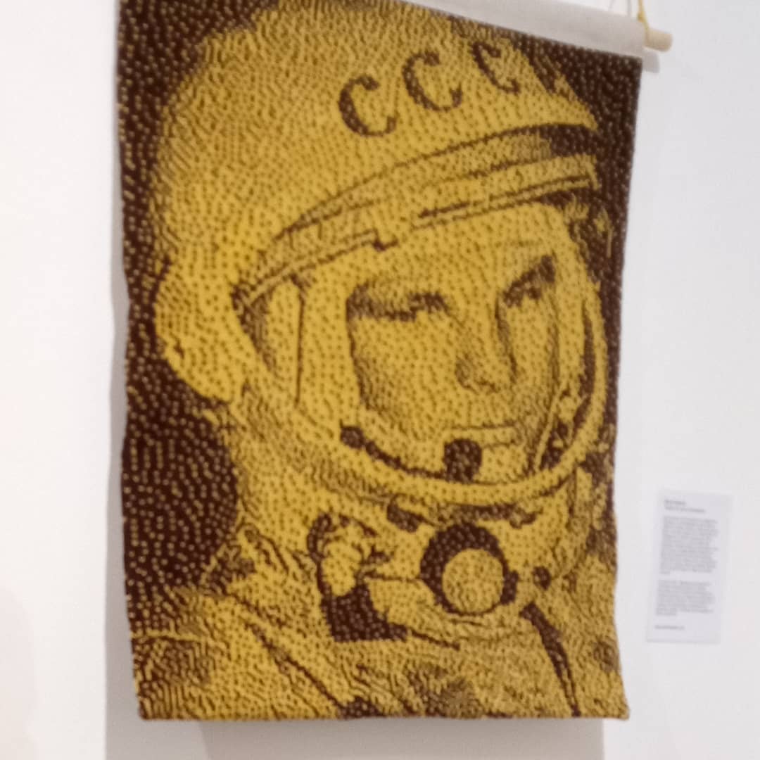 knotunknot's tweet photo. Goodbye Golden Gagarin, hello Laika! She's replacing him for the final day of the @coburghouse Craft Week exhibition. Pop down and say hello today between 11am and 4pm. #spaceknitting #studioknotunknot https://t.co/Me2XC3auxZ